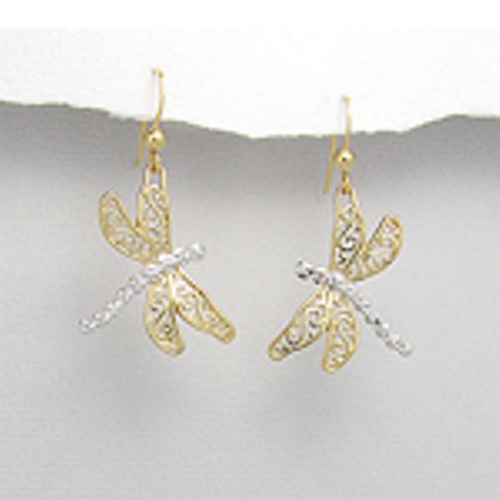 Two-tone Goldplated Sterling Silver Dragonfly Earrings - Click Image to Close